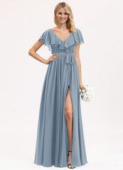 A-line V-neck floor-length chiffon bow tiered ruffle bridesmaid dress