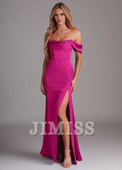 Off Shoulder Side Split Satin and Floor length Bridesmaid Dress - Jimiss Dress