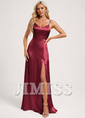 A-line V-neck floor-length satin bow bridesmaid dress