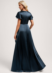 A-Line V-Neck Floor-Length Stretch Satin Bridesmaids Dress