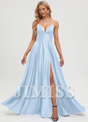 A-line V-neck pleated floor-length satin prom dress