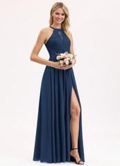 A-line Scoop Neck Floor Length Lace Chiffon Bridesmaids Dress