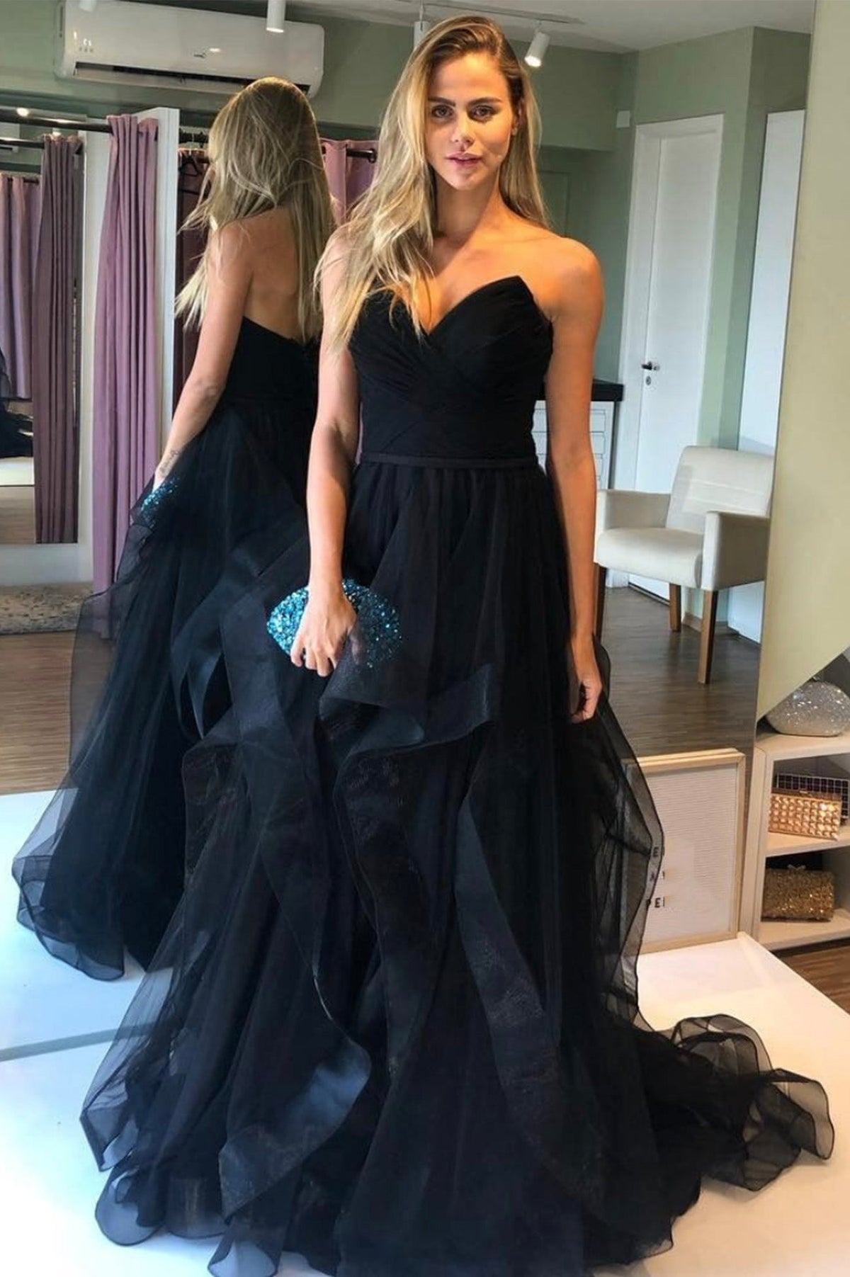 Black Tulle Long A-Line Prom Dresses, Black Strapless Formal Evening Dresses