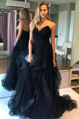Black Tulle Long A-Line Prom Dresses, Black Strapless Formal Evening Dresses