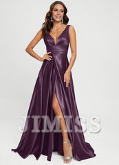 A-line V-neck floor-sweeping satin prom dress