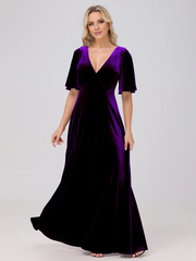 A-line V-neck short sleeved velvet and floor length bridesmaid dress