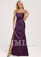 Trumpet/Mermaid Hood Ruffle Floor Length Satin Bridesmaids Dress