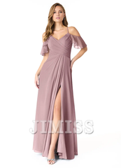 A-line V-neck pleated chiffon side slit and floor length bridesmaid dress - Jimiss Dress