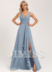 Ruffled A-line V-neck Floor-length Chiffon Bridesmaids Dress