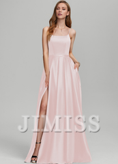 A-Line Square Floor Length Satin Bridesmaids Dress