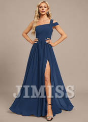 A-line off-the-shoulder one-shoulder floor-length chiffon pleated evening gown