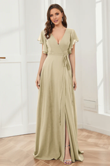 V-neck ruffled sleeve chiffon slit and floor length bridesmaid dress