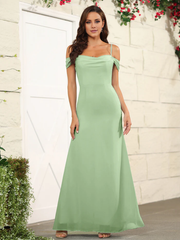 Split off shoulder thin shoulder strap chiffon and floor length bridesmaid dress