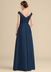 Ruffled A-Line Off-The-Shoulder Floor-Length Satin Bridesmaids Dress