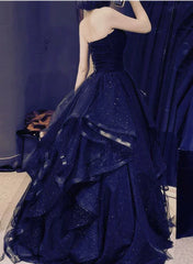 Navy Blue Layers Tulle Sweetheart Long Prom Dress Party Dress Off Shoulder Elegant