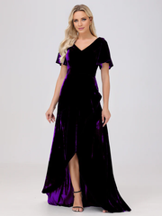 V-neck short sleeved ruffled velvet and floor length bridesmaid dress