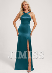 Trumpet/Mermaid Halter Neck Floor Length Satin Bridesmaid Dress