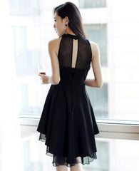 Black High Low Chiffon Halter Women Dress, Cute High Low Women Summer Dress, Black Dresses