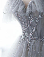 A-Line Princess Grey Beaded Layers Glitter Tulle Long Formal Dress Off Shoulder Prom Dress