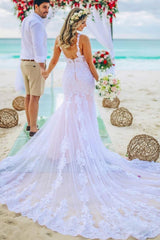 Mermaid Spaghetti Strap White Wedding Dress with Chapel Train