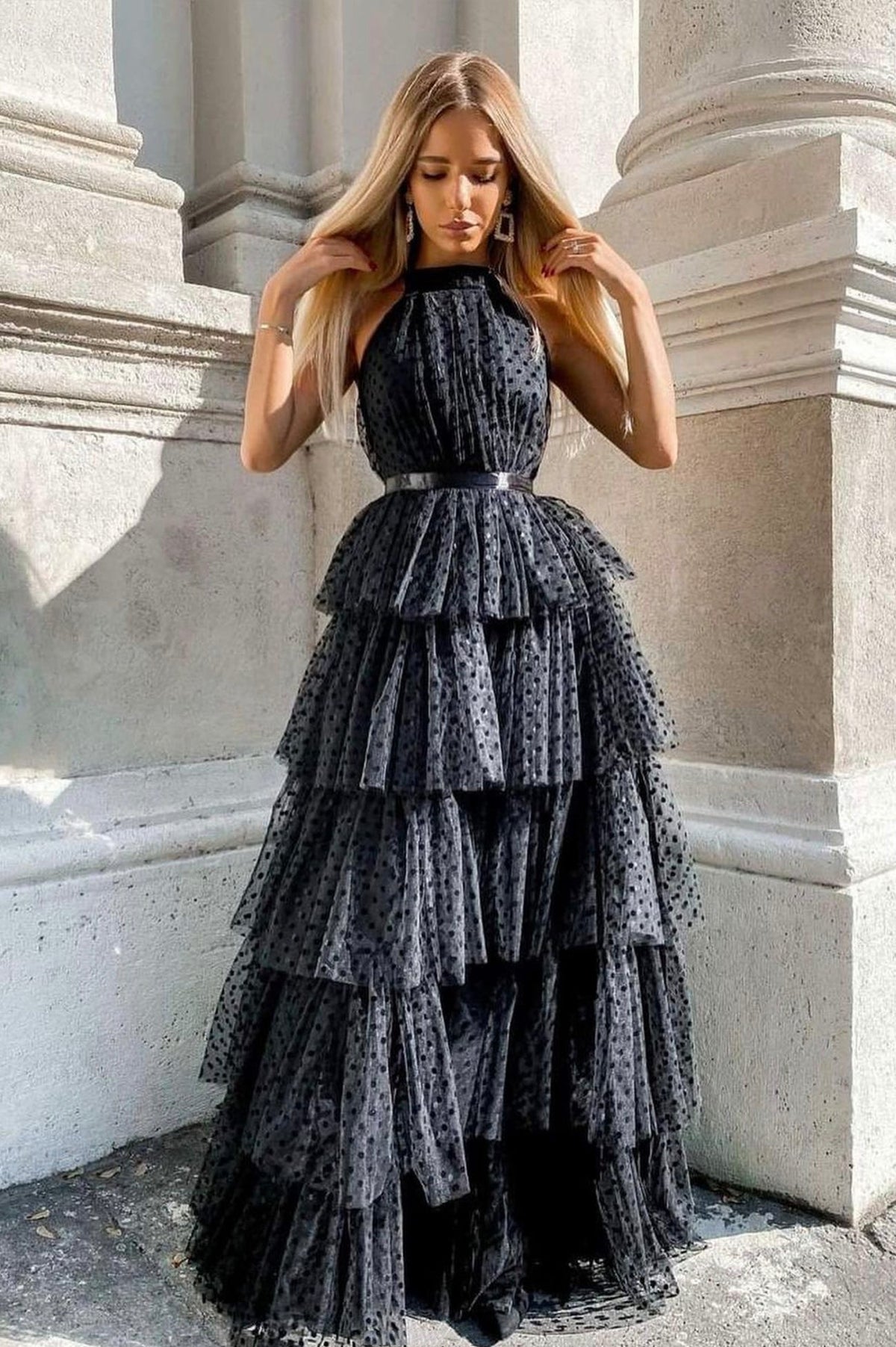 Black Tulle Long Prom Dresses, A-Line Black Evening Dresses