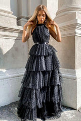 Black Tulle Long Prom Dresses, A-Line Black Evening Dresses