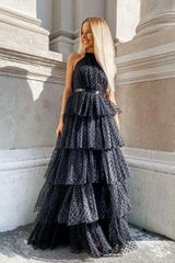 Black Tulle Long Prom Dresses, A-Line Black Evening Dresses