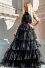 Black Tulle Long Prom Dresses, A-Line Black Evening Dresses