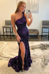 Dark Purple One Shoulder Sequined Mermaid Prom Dress With Slit Sparkly