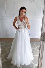 White Chiffon Lace Long Prom Dresses, A-Line Evening Dresses