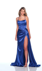 Jimiss slim shoulder strap with backless side slit and floor length evening dress