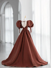 A-Line Brown Satin Ball Gown Short Sleeves Long Party Dress V-neckline Prom Dress