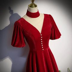 A-Line Red High Neckline Velvet Long Party Dress Short Sleeves Velvet Prom Dress