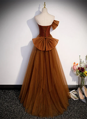 Mermaid Brown Tulle Satin Strapless Long Party Dress Formal Dress Prom Dress