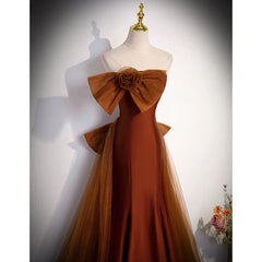 Mermaid Brown Tulle Satin Strapless Long Party Dress Formal Dress Prom Dress