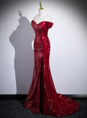 Robe de soirée sirène longue épaule à paillettes rouges, robe de bal à paillettes rouges