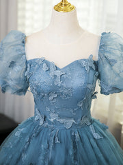 A-Line Tulle Lace Gray Blue Long Prom Dress, Gray Blue Long Sweet 16 Dress