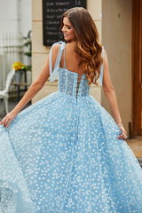 Sky Blue Ball-Gown Spaghetti Straps Corset Long Prom Dress With Floral Floor Length