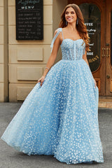 Sky Blue Ball-Gown Spaghetti Straps Corset Long Prom Dress With Floral Floor Length