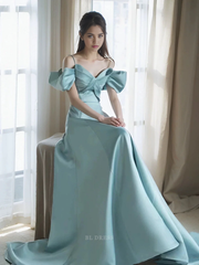 A Line Spaghetti Straps Light Sky Blue Satin Long formal dresses Bridesmaid Dresses evening gown Prom Dress