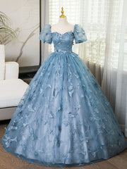 A-Line Tulle Lace Gray Blue Long Prom Dress, Gray Blue Long Sweet 16 Dress