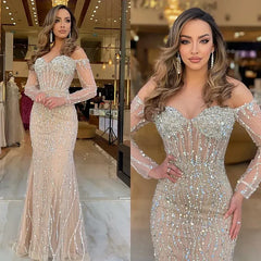 Ovlias Heavy Champagne Mermaid Tulle Prom Dress Long Sleeve Sweetheart Strapless