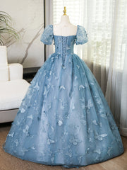 A-Line Tulle Lace Gray Blue Long Prom Dress, Gray Blue Long Sweet 16 Dress