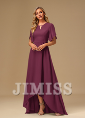 Ruffled A-line Boat Neck Asymmetric Chiffon Bridesmaids Dress