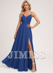 A-line V-neck tea-length chiffon pleated bridesmaid dress