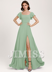 Ruffled A-Line Square Floor-Length Chiffon Bridesmaids Dress