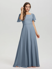 A-line square collar ruffled short sleeved and ground chiffon/ground length bridesmaid dress