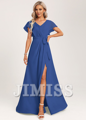 Ruffled A-line V-neck Floor-length Chiffon Bridesmaids Dress