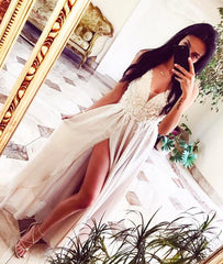 Simple v neck lace chiffon long prom dress, evening dress