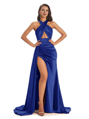 Sexy and soft satin hanging neck side slit and floor length fish tail bridesmaid dress